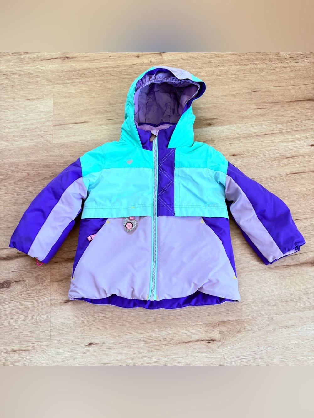 Obermeyer Girls Colorblock Hooded Puffer Jacket - Purple / Teal / I Grow